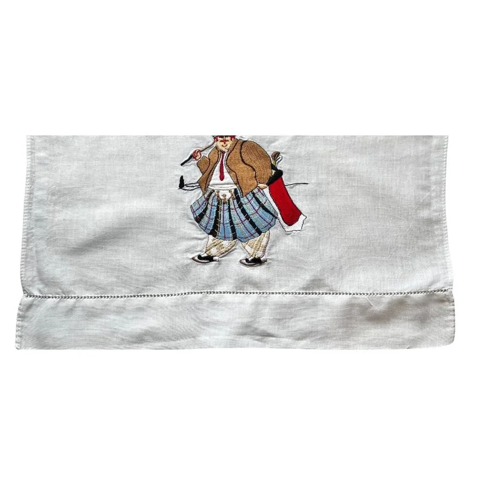 Set Of 2 Embroidered Kiltie Golfers White Tea Towels Golf Gift Decor Dad